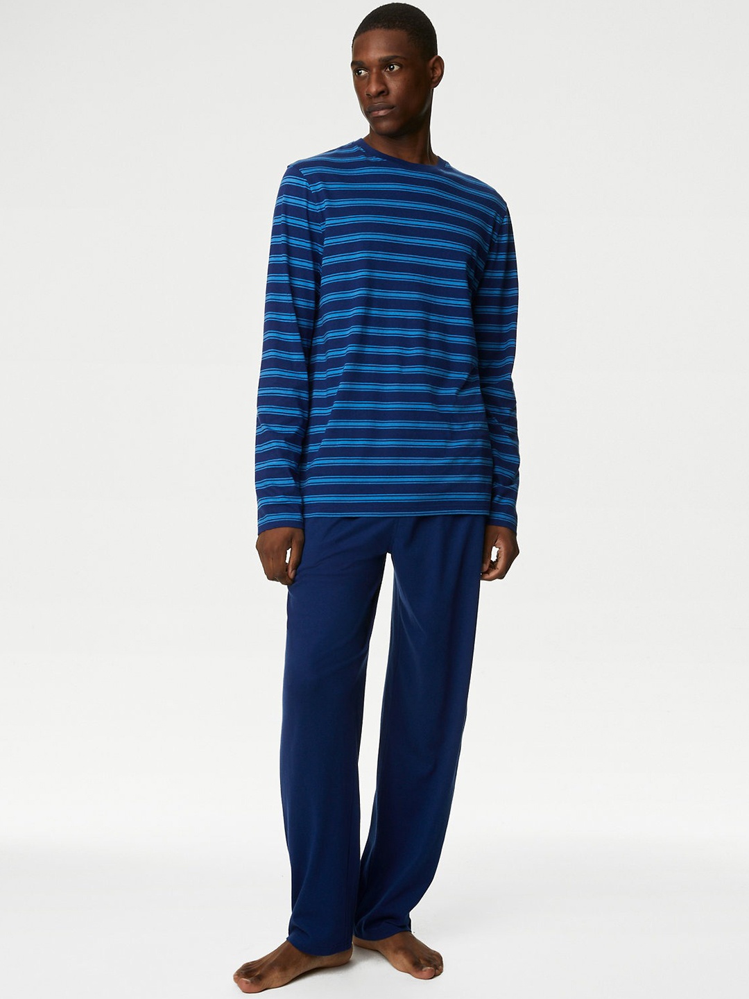 

Marks & Spencer Striped Round Neck Pure Cotton Night suit, Blue