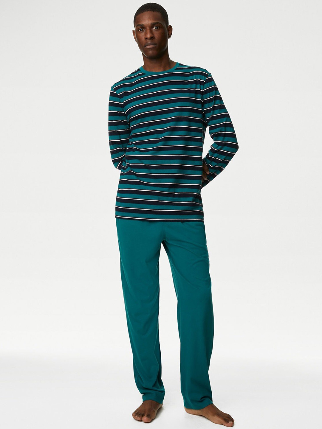 

Marks & Spencer Striped Round Neck Pure Cotton Night suit, Teal