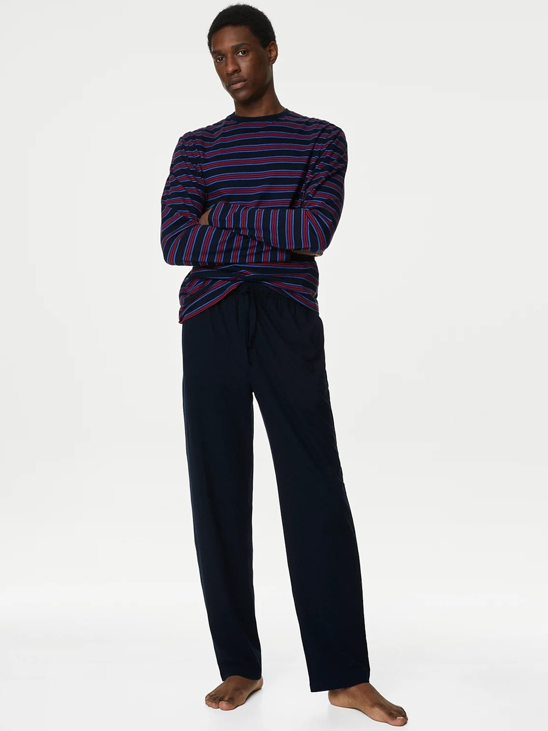 

Marks & Spencer Striped Round Neck Pure Cotton Night suit, Navy blue