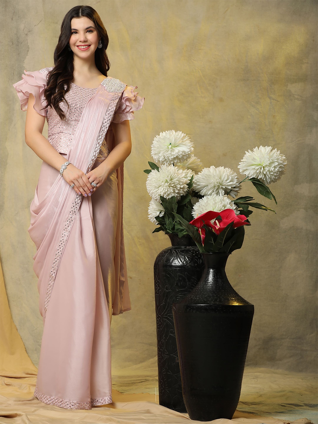 

AMOHA TRENDZ Sequinned Detailed Organza Pre-draped Ready to wear Saree, Pink