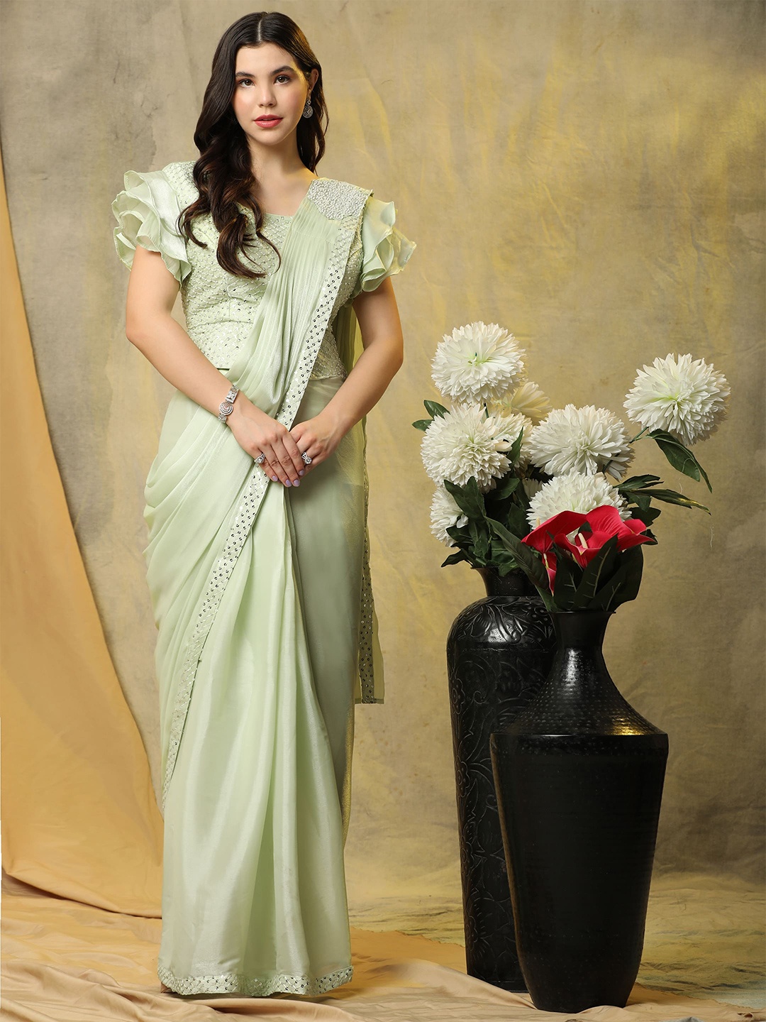 

AMOHA TRENDZ Sequinned Detailed Organza Pre-draped Ready to wear Saree, Green