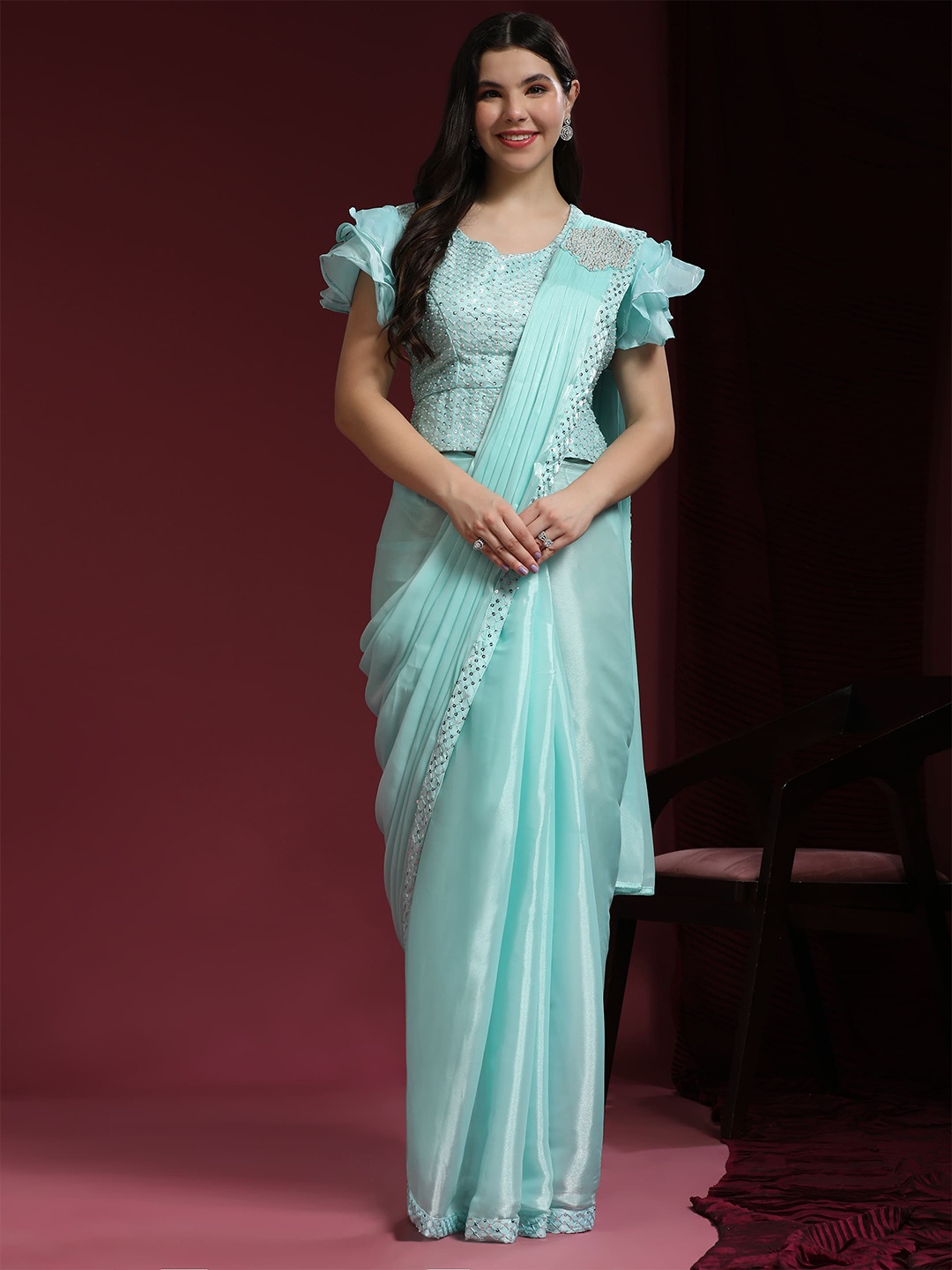

AMOHA TRENDZ Sequinned Detailed Organza Pre-draped Ready to wear Saree, Turquoise blue