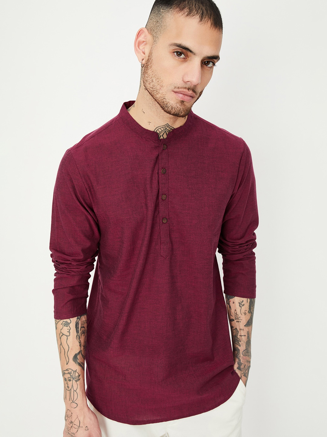 

max Mandarin Collar Pure Cotton Short Kurta, Maroon