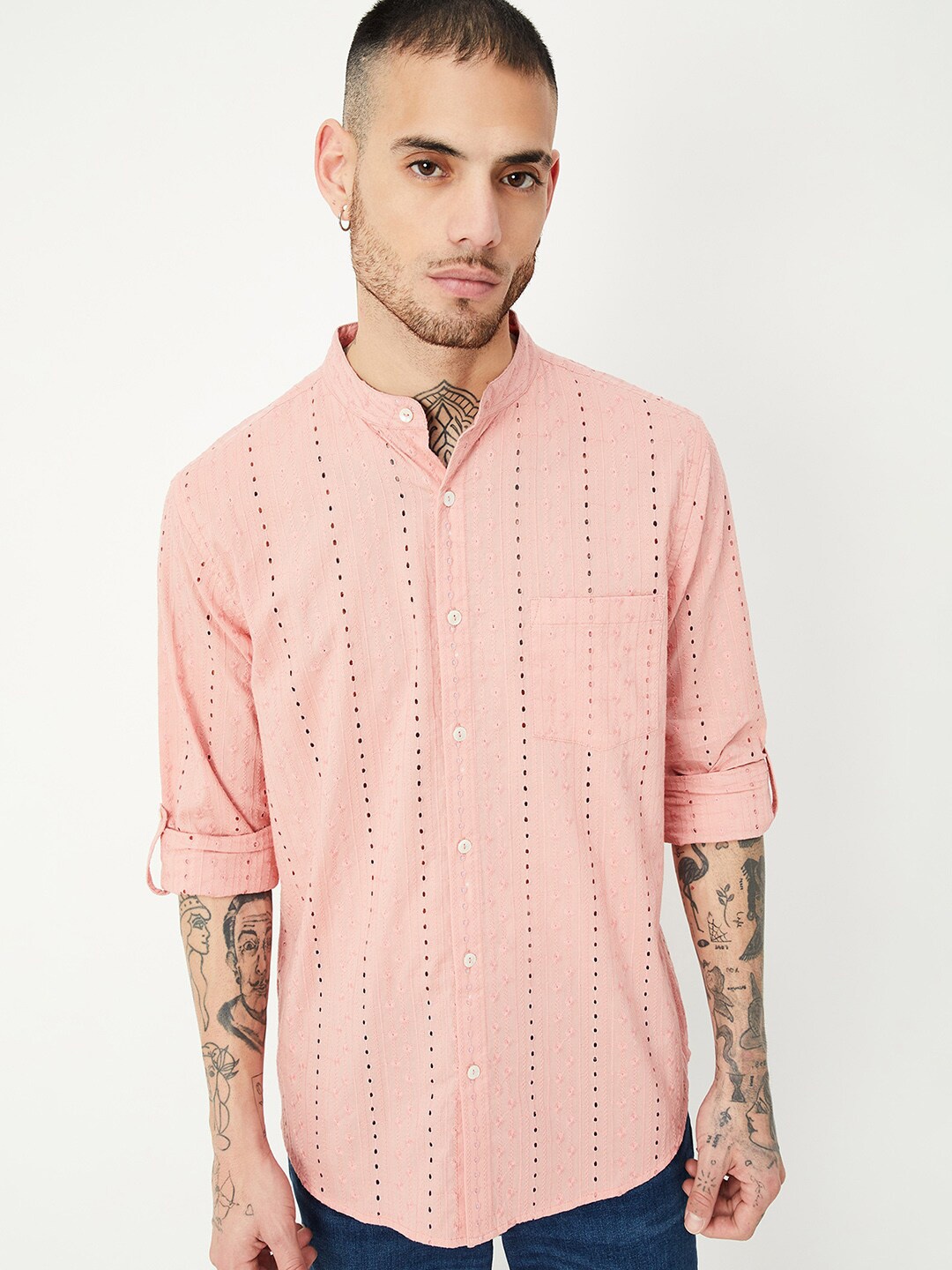 

max Ethnic Motifs Embroidered Mandarin Collar Pure Cotton Short Kurta, Pink