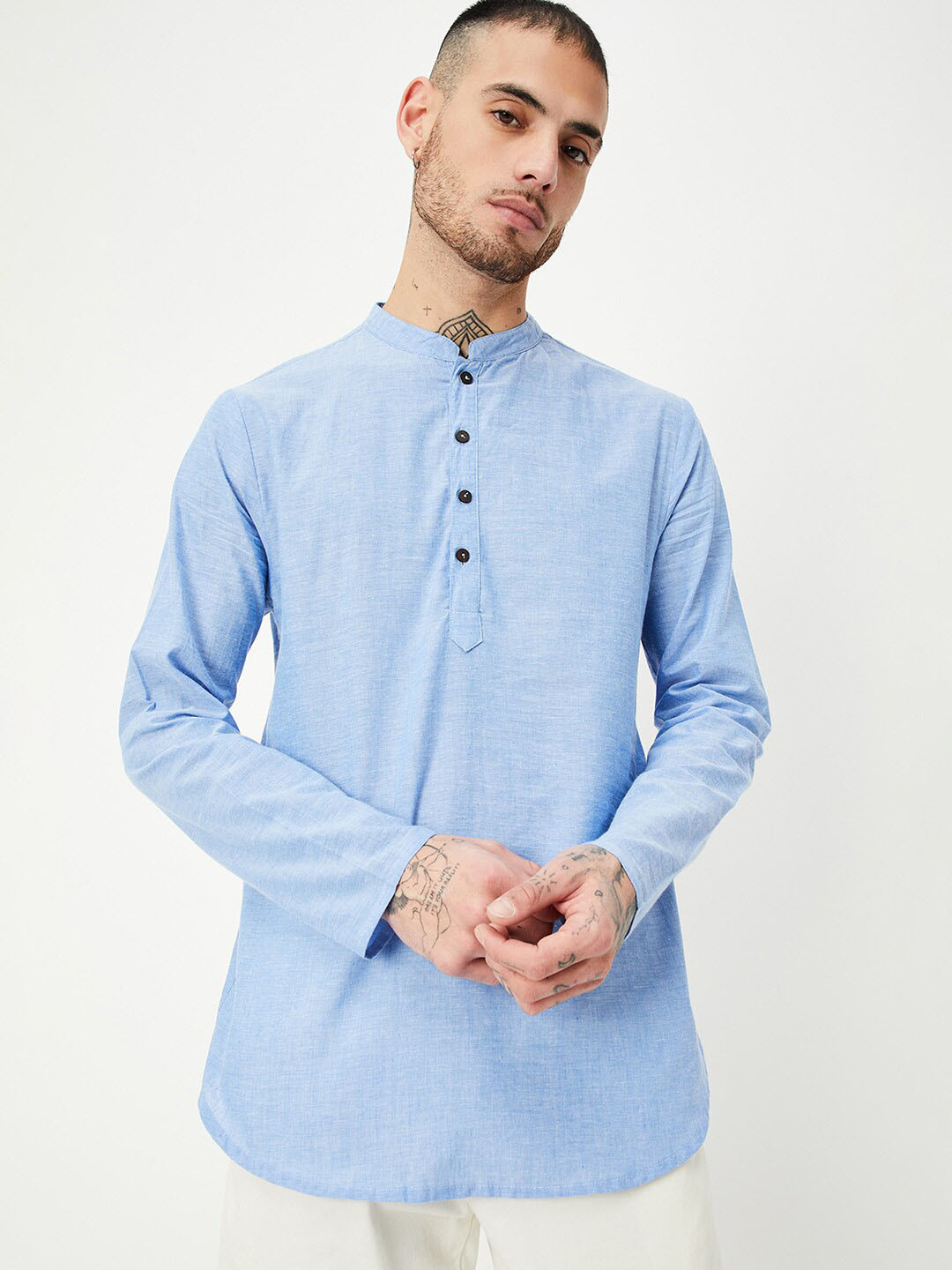 

max Mandarin Collar Short Straight Pure Cotton Kurta, Blue