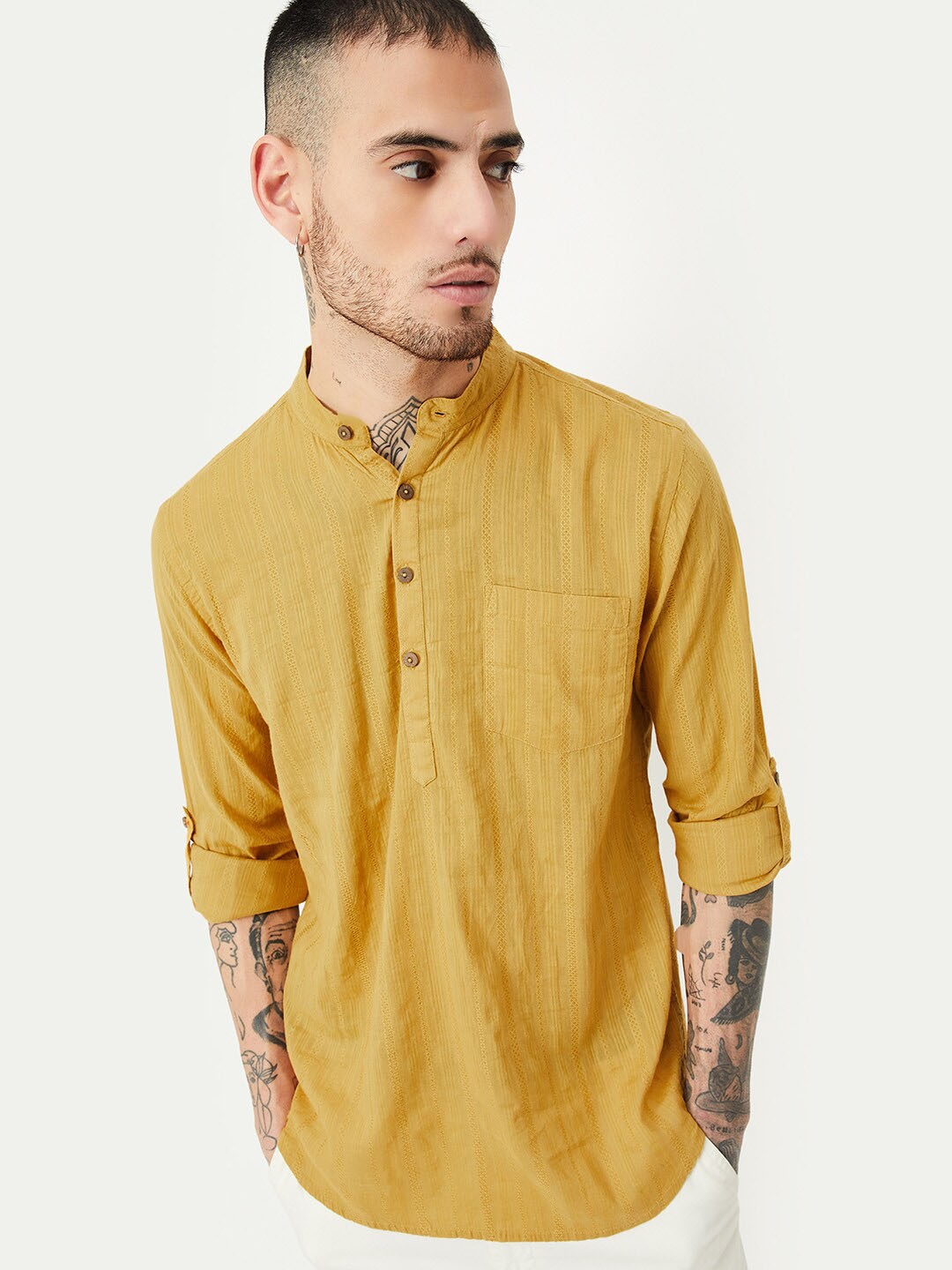 

max Roll-Up Sleeves Mandarin Collar Pure Cotton Short Kurta, Yellow