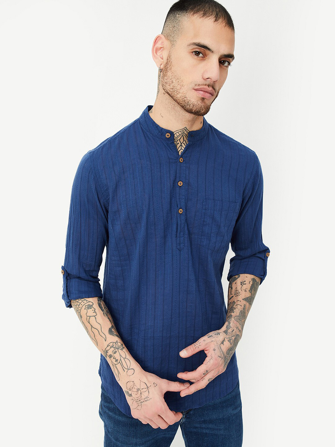 

max Striped Roll-Up Sleeves Mandarin Collar Pure Cotton Short Kurta, Blue