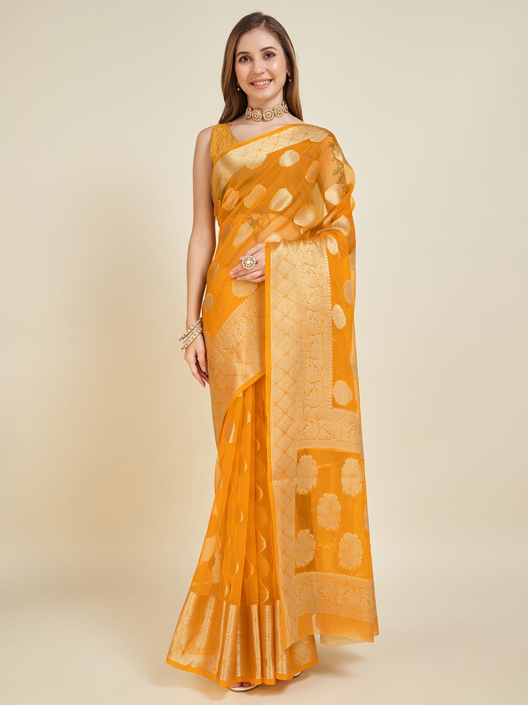 

bansari textiles Ethnic Motifs Woven Design Zari Organza Banarasi Saree, Yellow