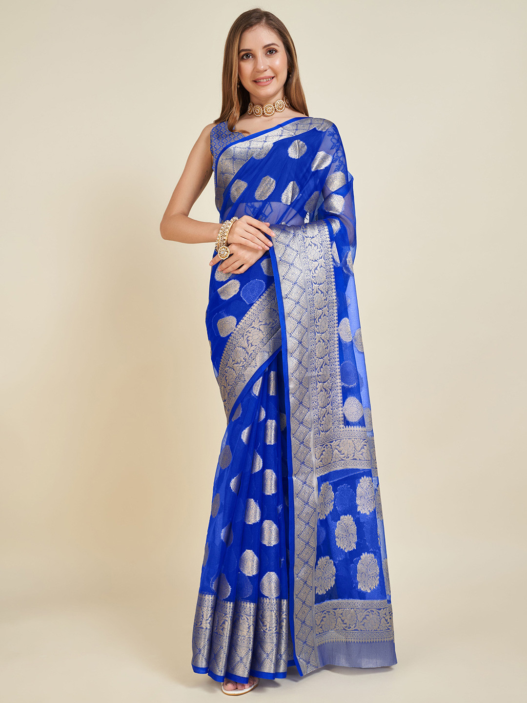

bansari textiles Ethnic Motifs Woven Design Zari Organza Banarasi Saree, Blue