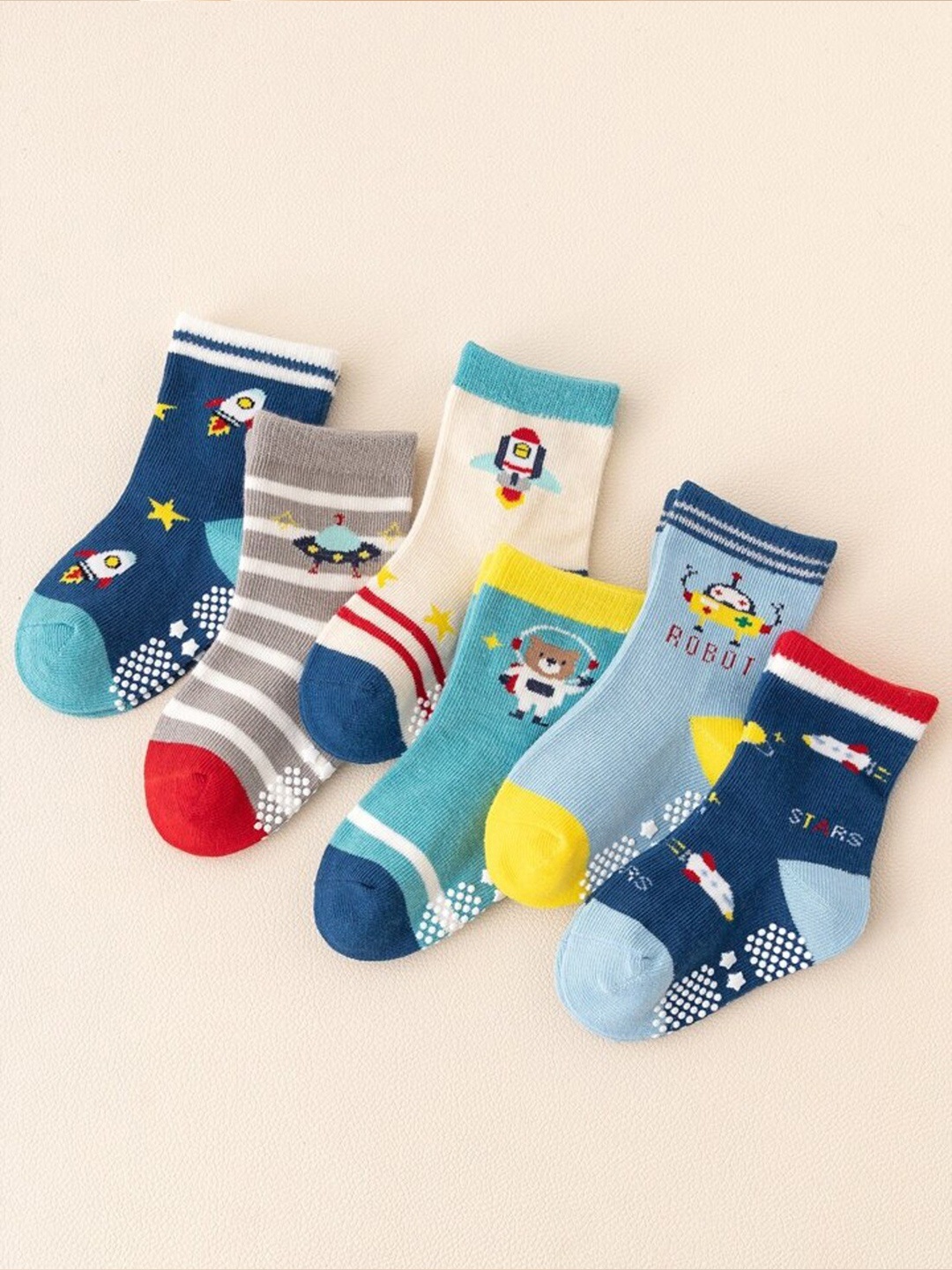 

BAESD Kids Pack Of 6 Patterned Anti-Skid Above Ankle-Length Socks, Blue