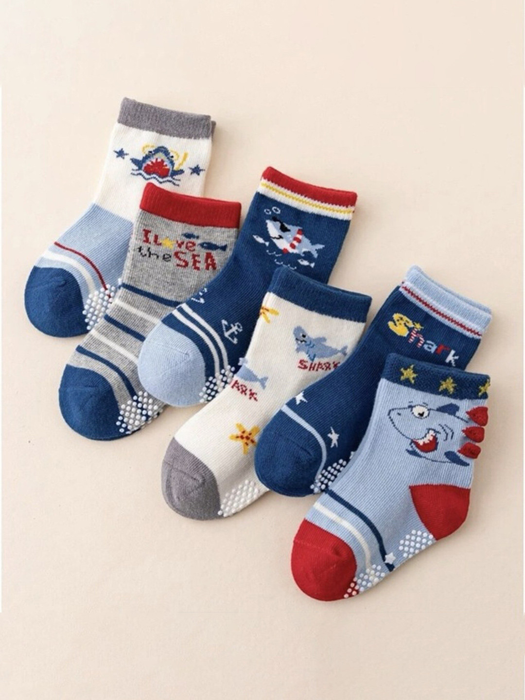 

BAESD Kids Pack Of 6 Patterned Anti-Skid Above Ankle-Length Socks, Blue