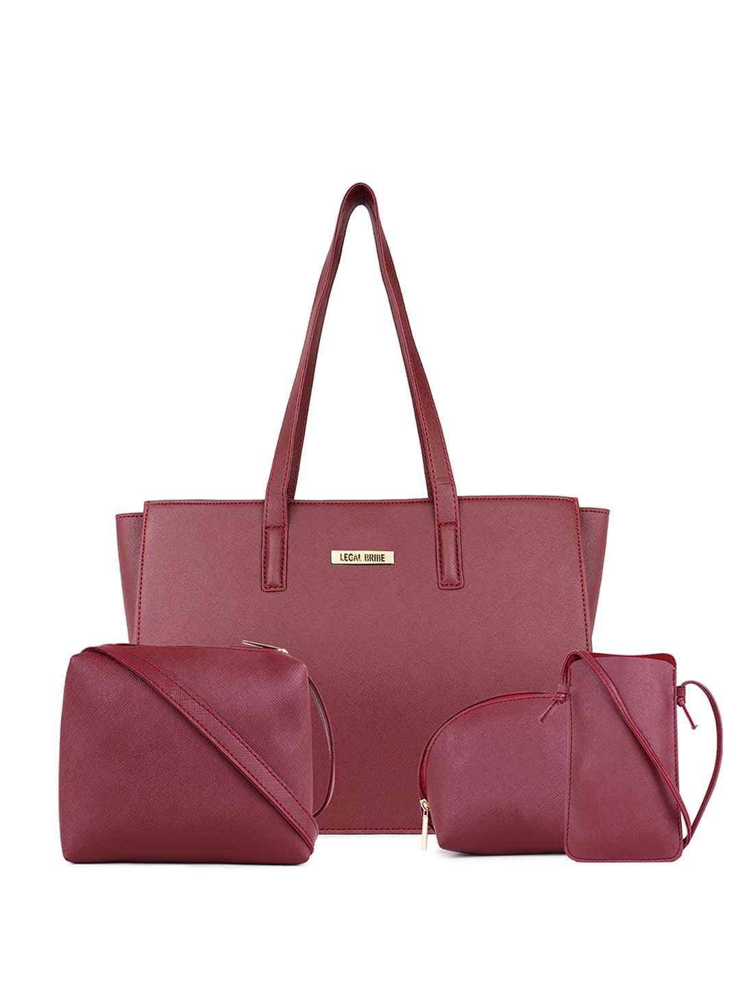 

LEGAL BRIBE Set Of 4 Textured Structured Tote Bag With Sling Bag Hand Pouch & Mobile Pouch, Maroon