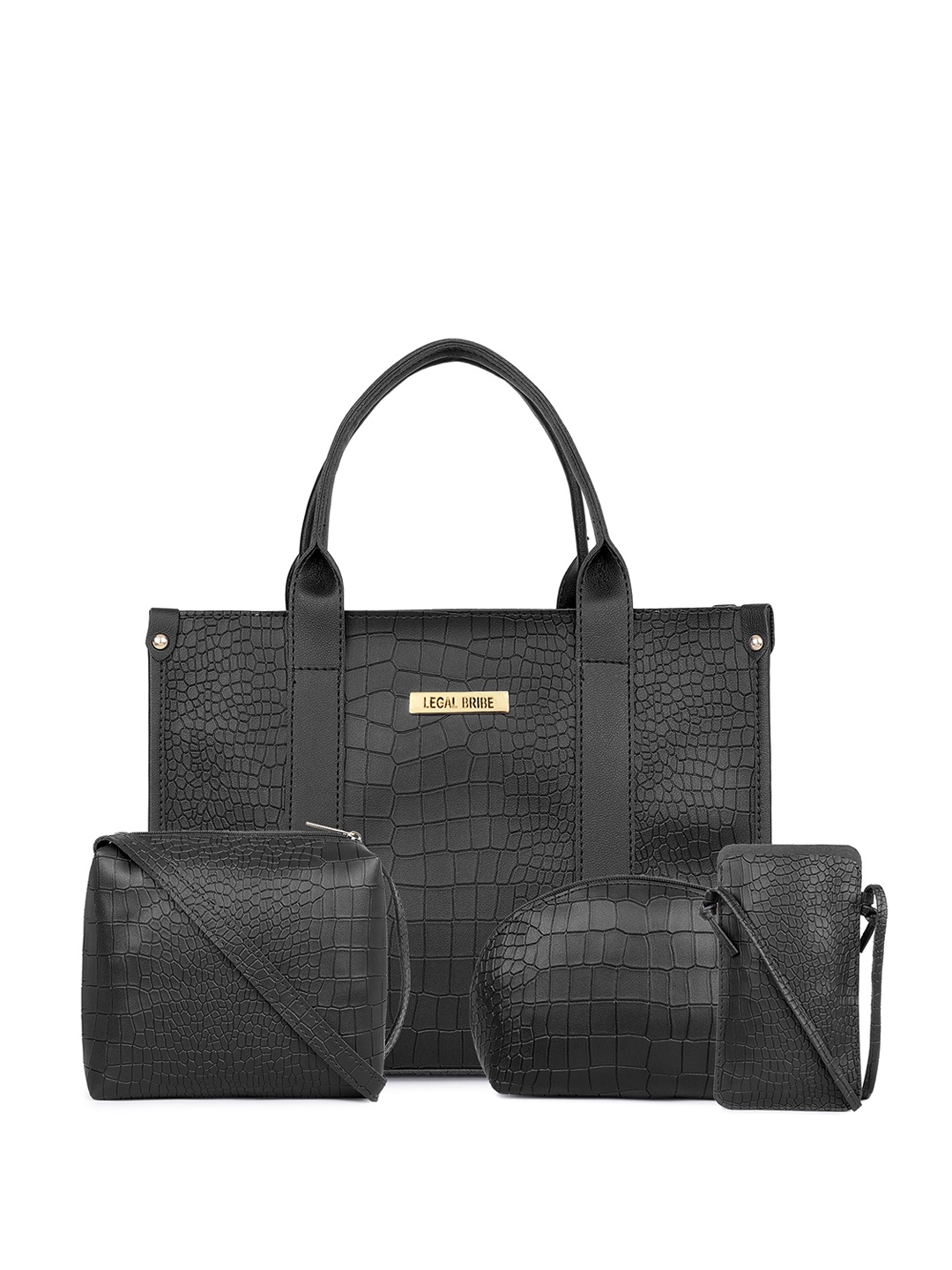 

LEGAL BRIBE Set Of 4 Animal Textured PU Structured Handheld Bags, Black