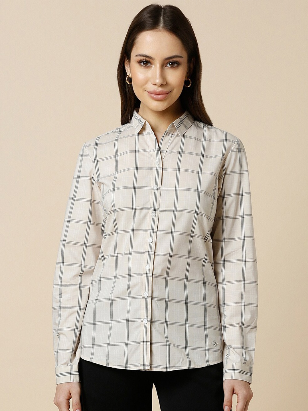

Allen Solly Woman Windowpane Checked Slim Collar Formal Shirt, Beige