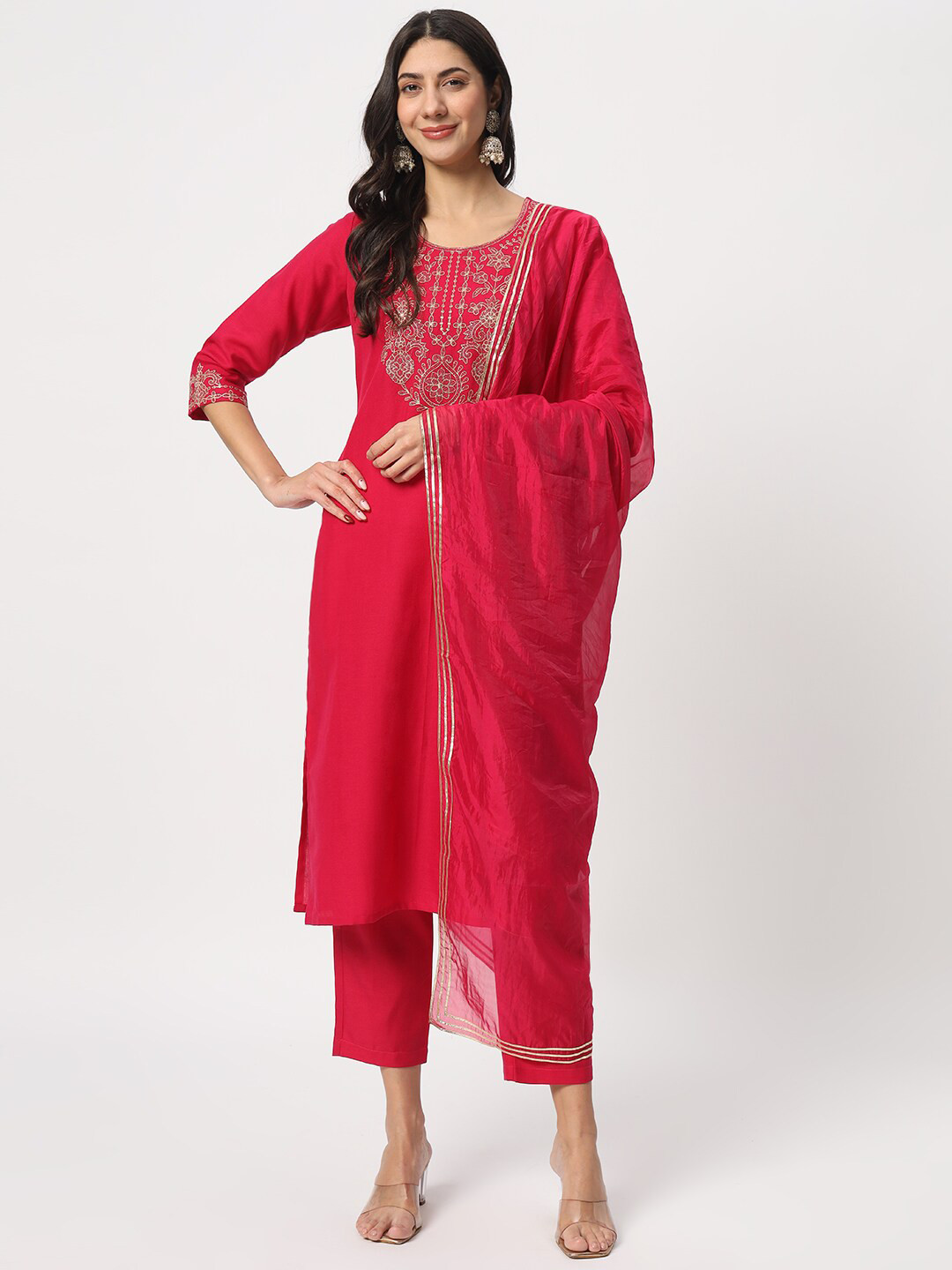 

SALWAT Yoke Design Embroidered Straight Kurta With Trousers & Dupatta, Red