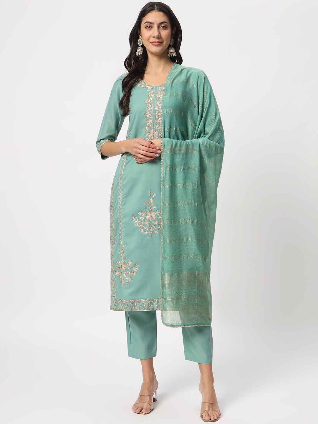 

SALWAT Floral Printed Regular Kurta with Trousers & With Dupatta, Sea green