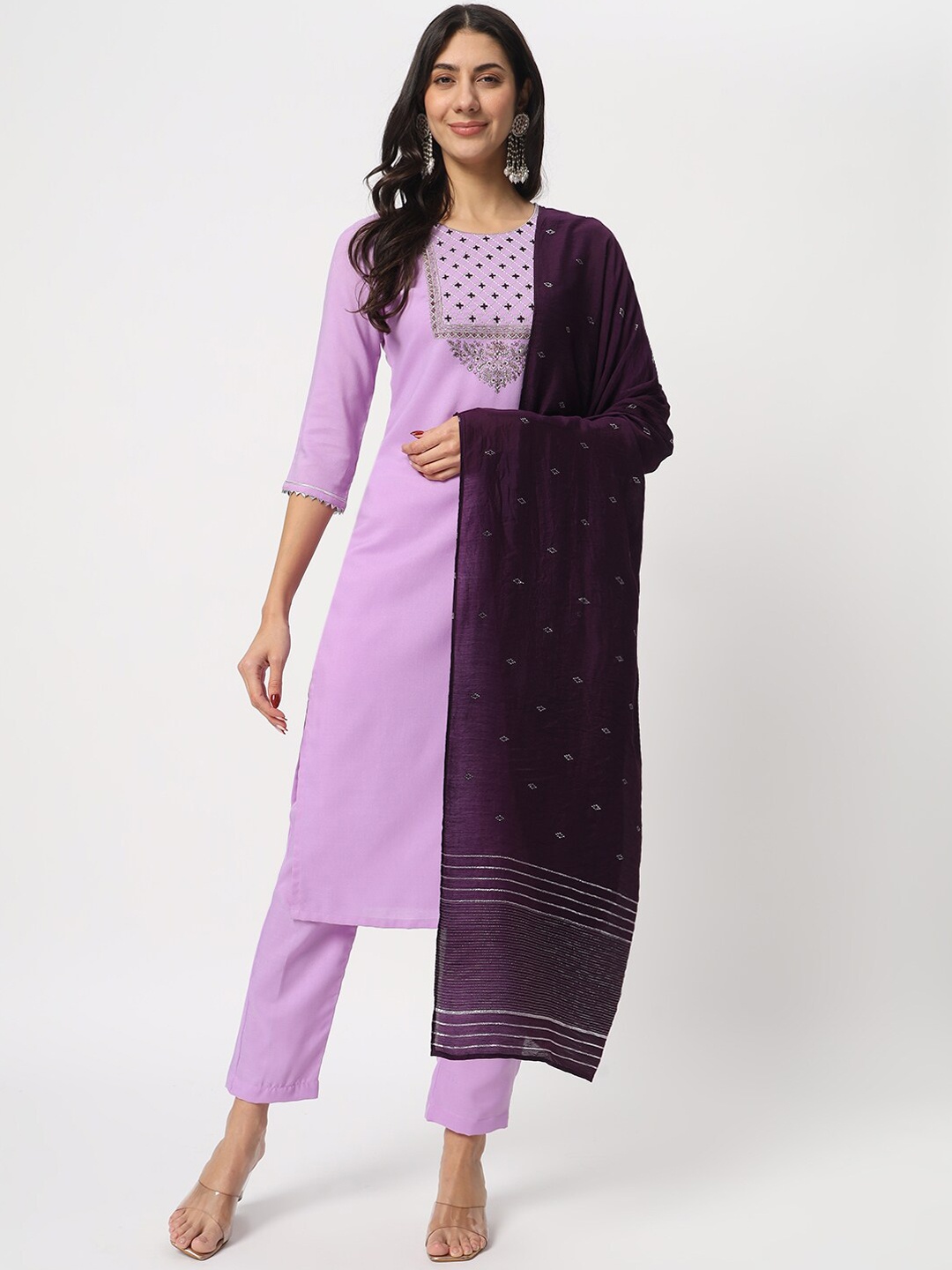 

SALWAT Yoke Design Embroidered Straight Kurta With Trousers & Dupatta, Lavender