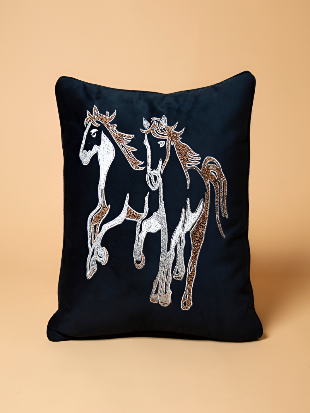 

Chann Studio Black & Gold Toned Embroidered Velvet Rectangle Cushion Cover
