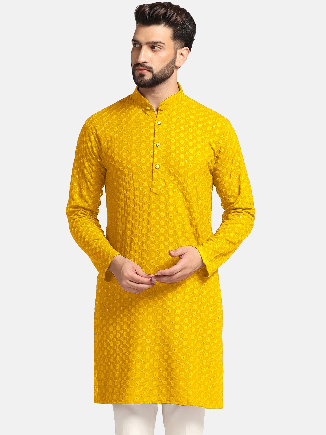 

ahhaaaa Mandarin Collar Sequins Embroidered Cotton Kurta, Yellow