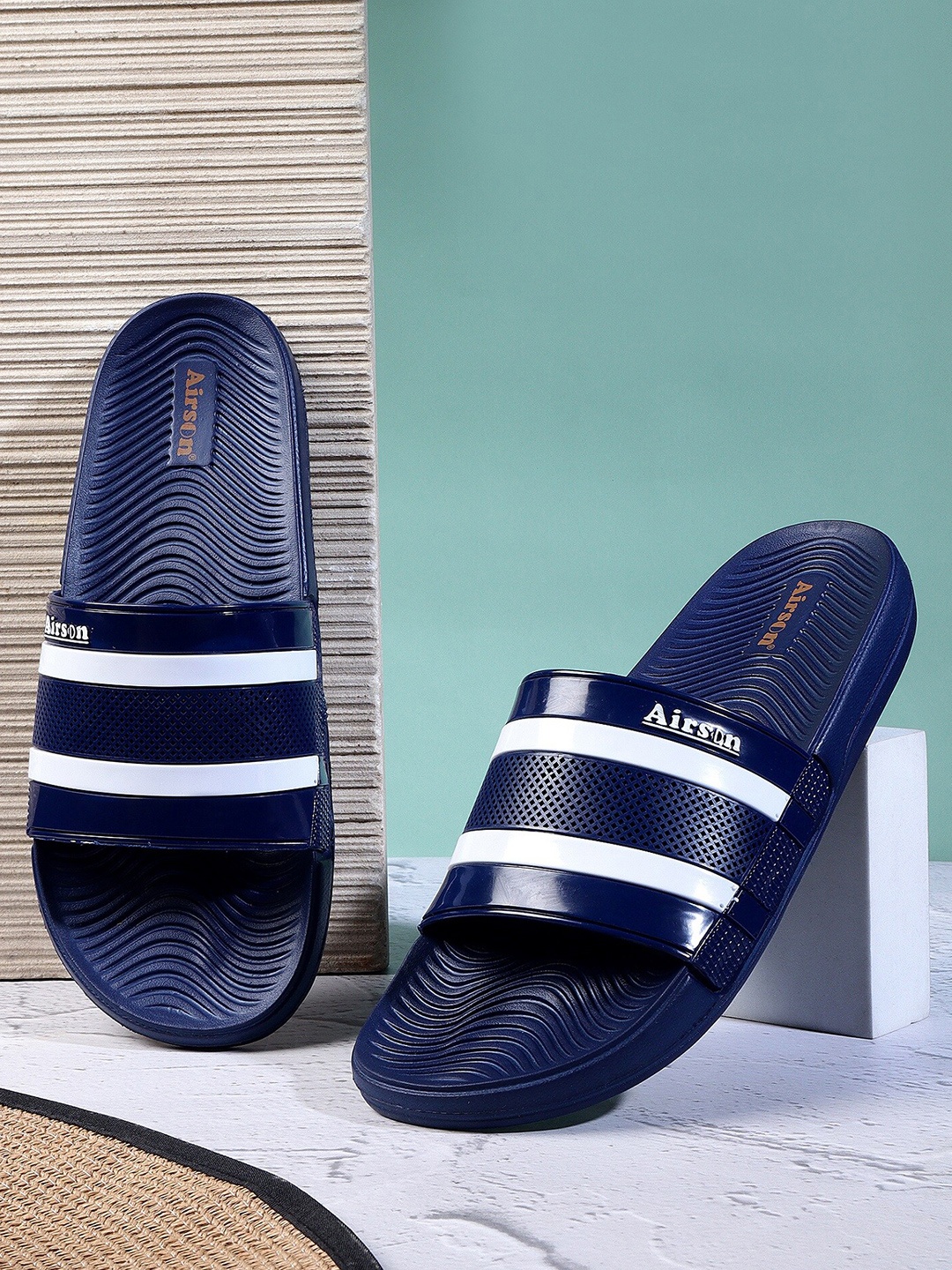 

Airson Men Striped Sliders, Navy blue