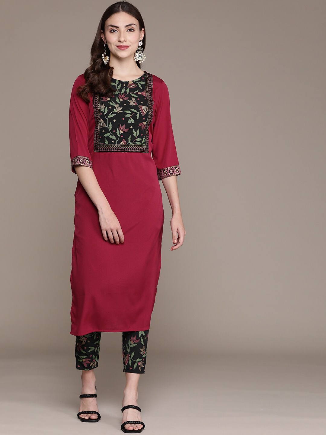 

ZIYAA Floral Yoke Design Round Neck Straight Kurta with Trousers, Pink