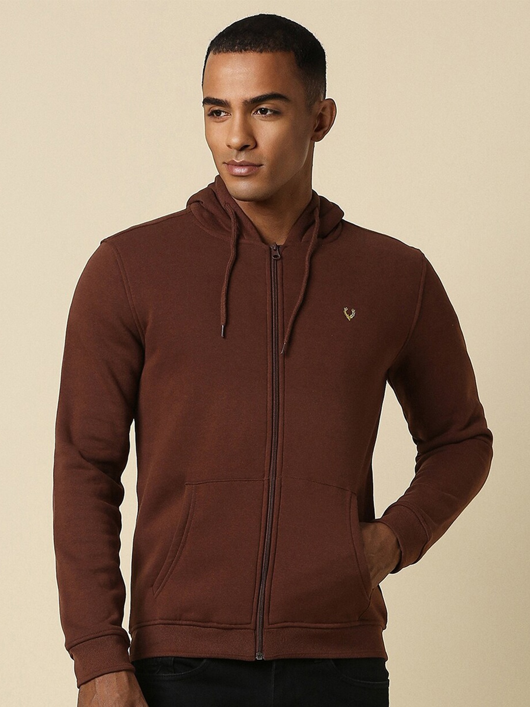 

Allen Solly Hooded Front-Open Pure Cotton Sweatshirt, Brown