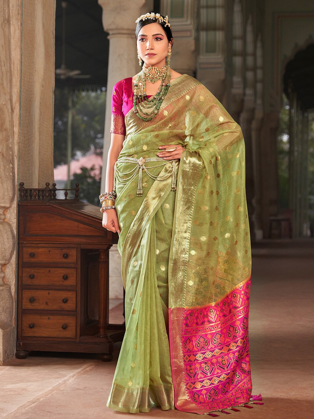 

Mitera Ethnic Woven Design Zari Silk Cotton Banarasi Saree, Green