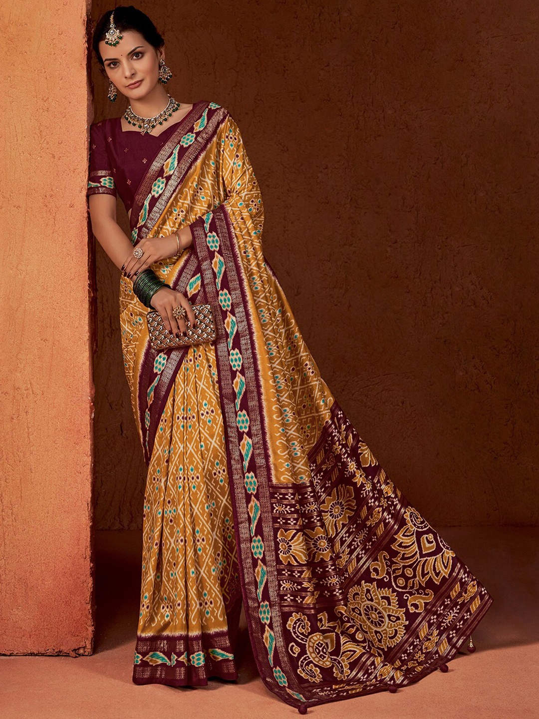 

Mitera Ethnic Motifs Zari Pure Silk Printed Pochampally Saree, Yellow