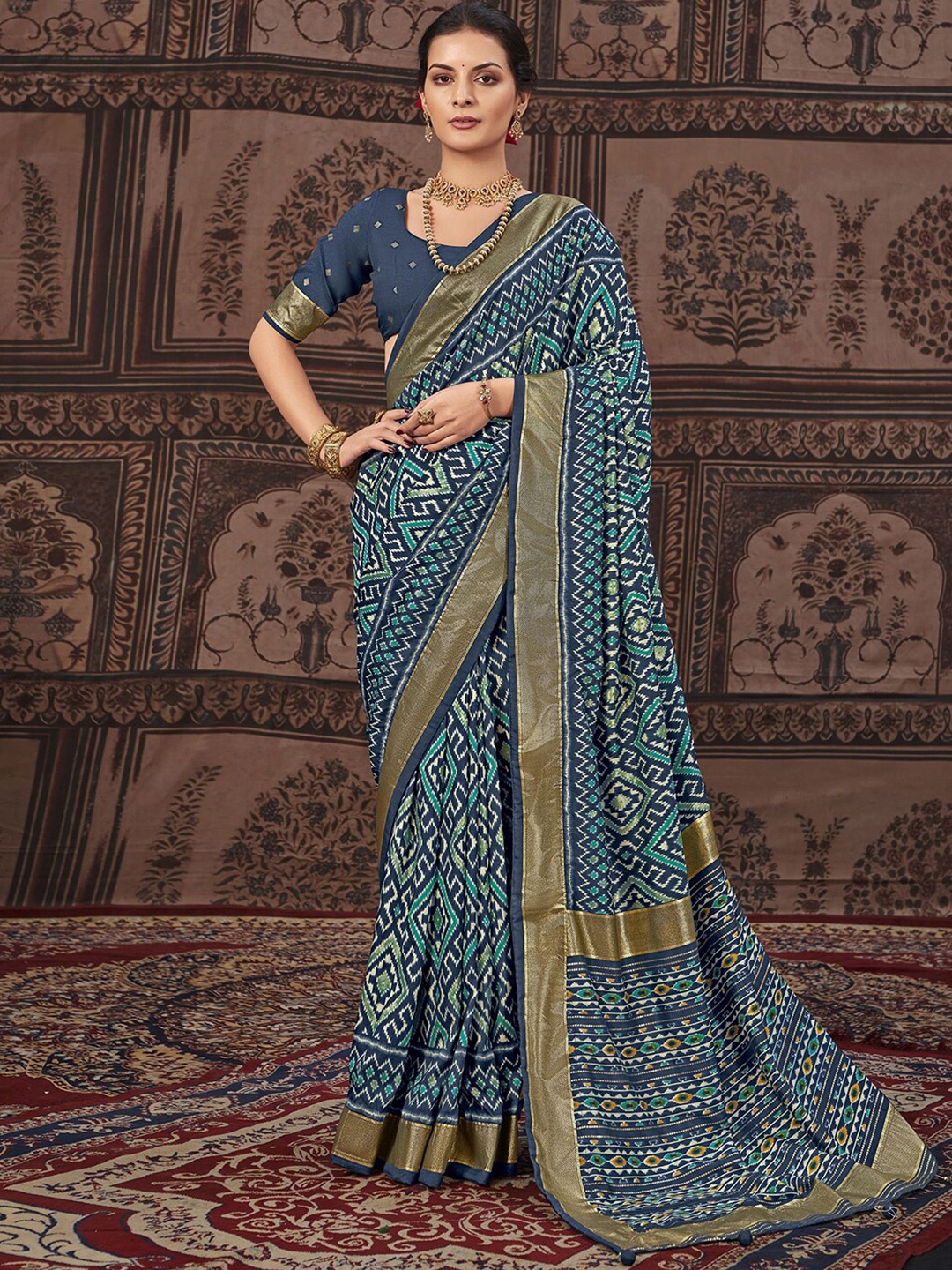 

Mitera Zari Pure Silk Geometric Printed Saree, Blue