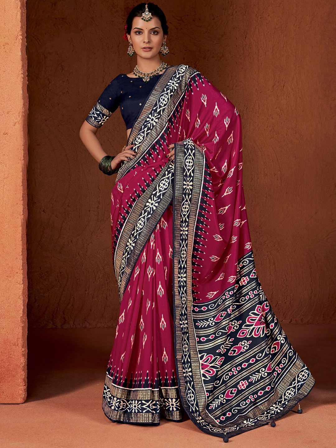 

Mitera Ethnic Motifs Zari Pure Silk Pochampally Saree, Pink