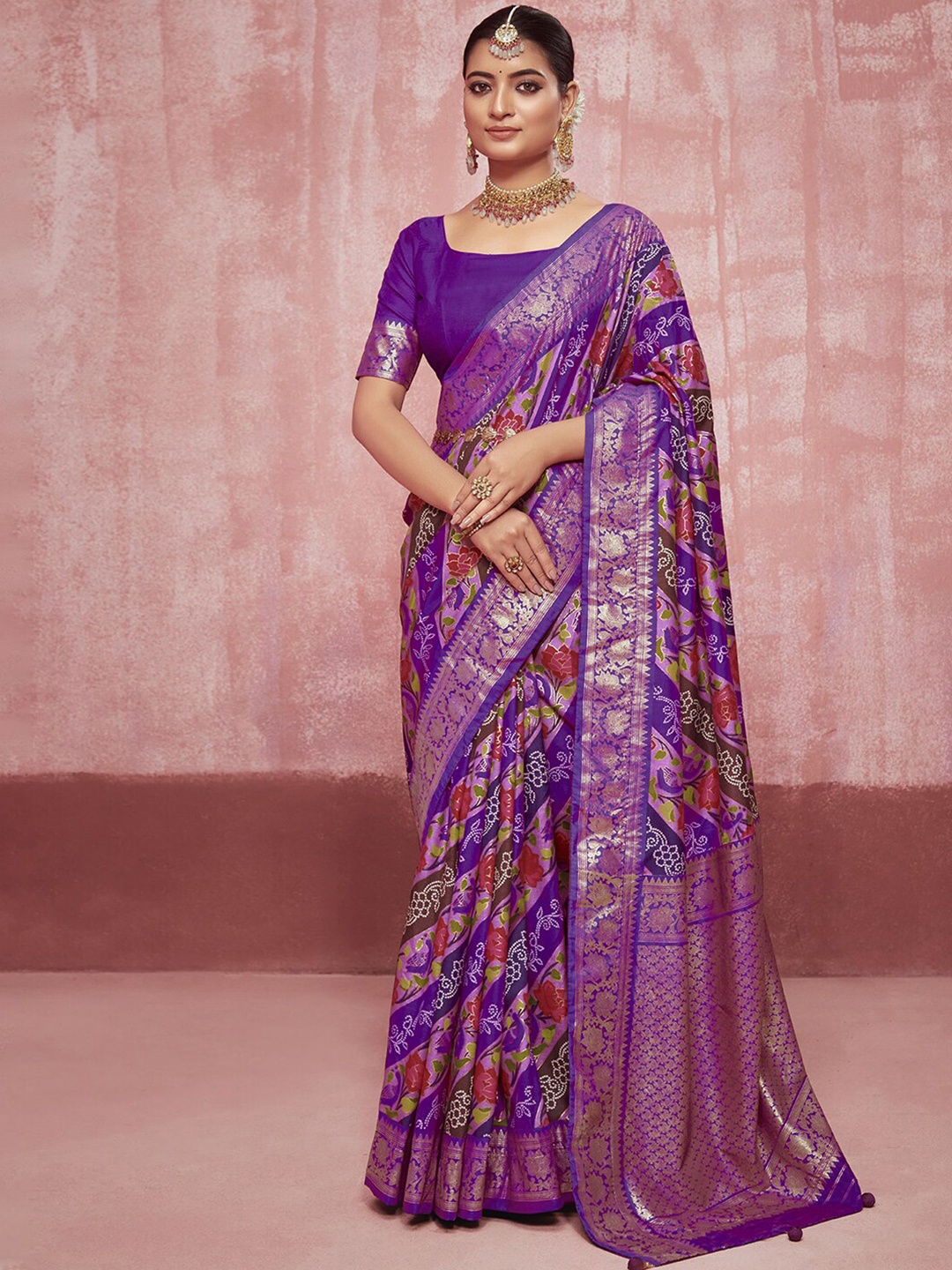 

Mitera Ethnic Motifs Zari Pure Silk Printed Sungudi Saree, Purple