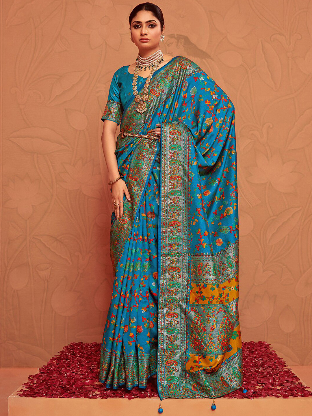 

Mitera Floral Zari Art Silk Foil Printed Saree, Blue