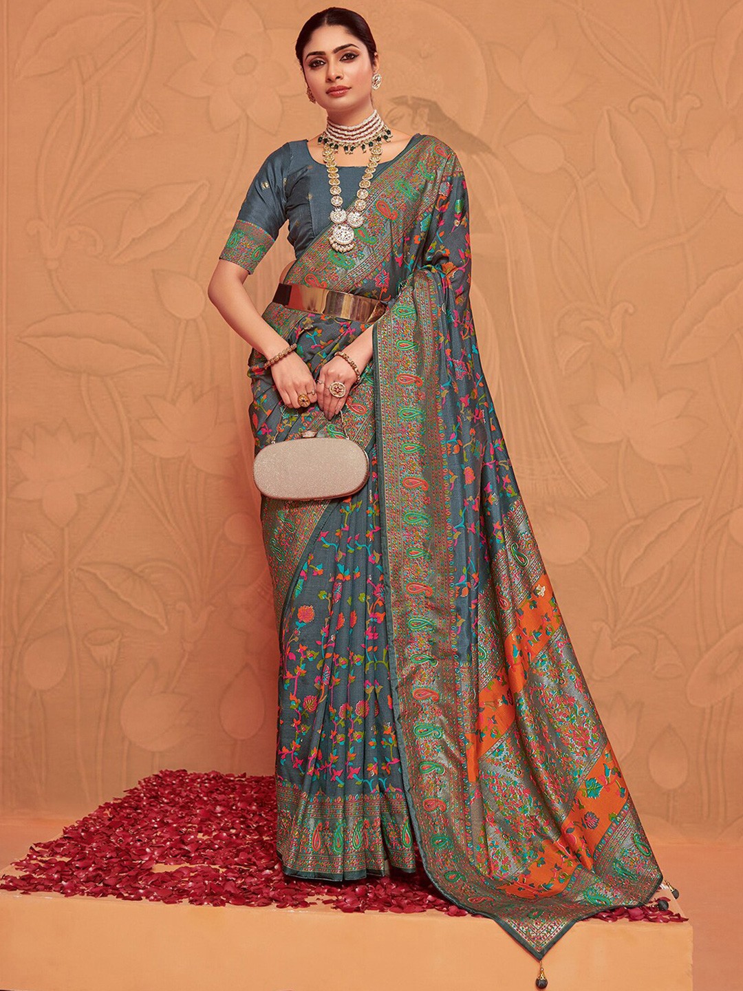 

Mitera Ethnic Motifs Zari Art Silk Printed and Tassel Saree, Grey