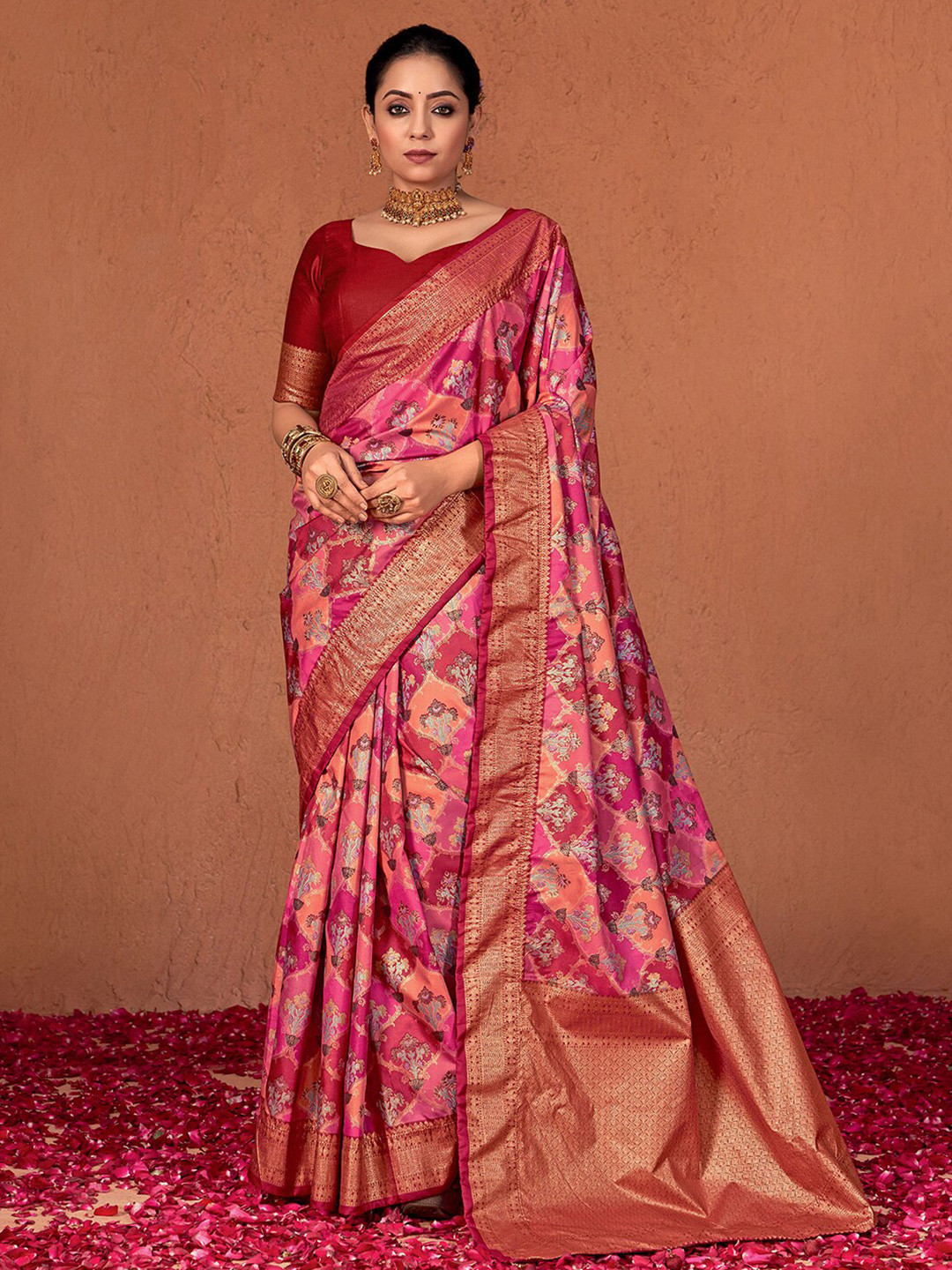 

Mitera Ethnic Woven Design Zari Pure Silk Jacquard Printed Banarasi Saree, Pink