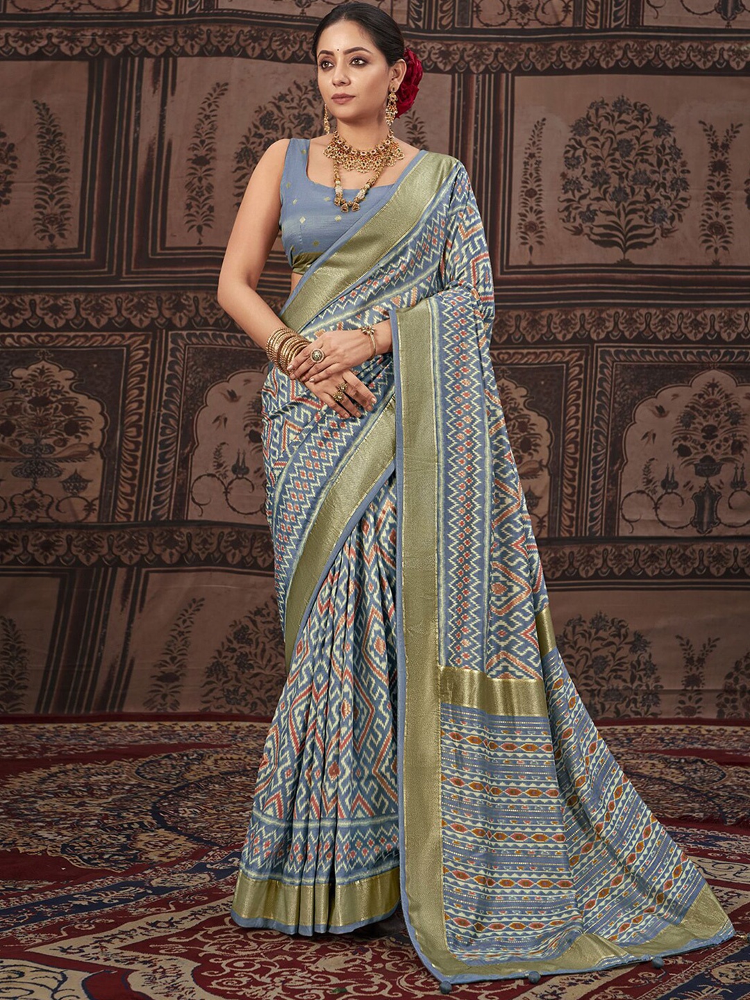 

Mitera Ethnic Motifs Zari Pure Silk Printed Saree, Grey