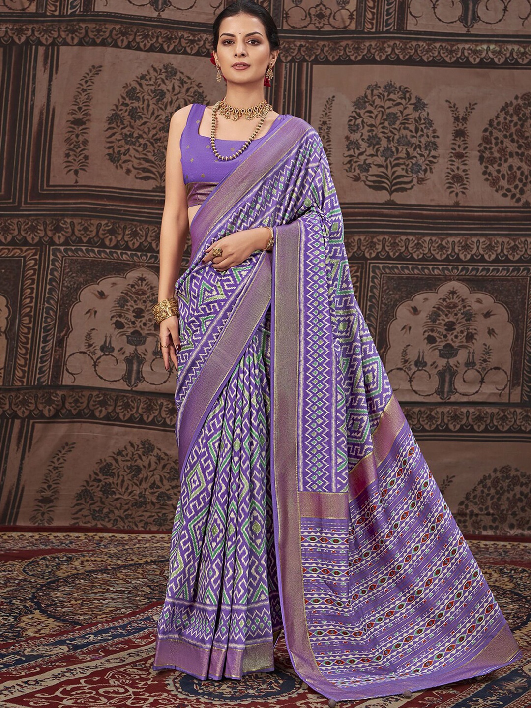 

Mitera Ethnic Motifs Zari Pure Silk Printed Pochampally Saree, Lavender