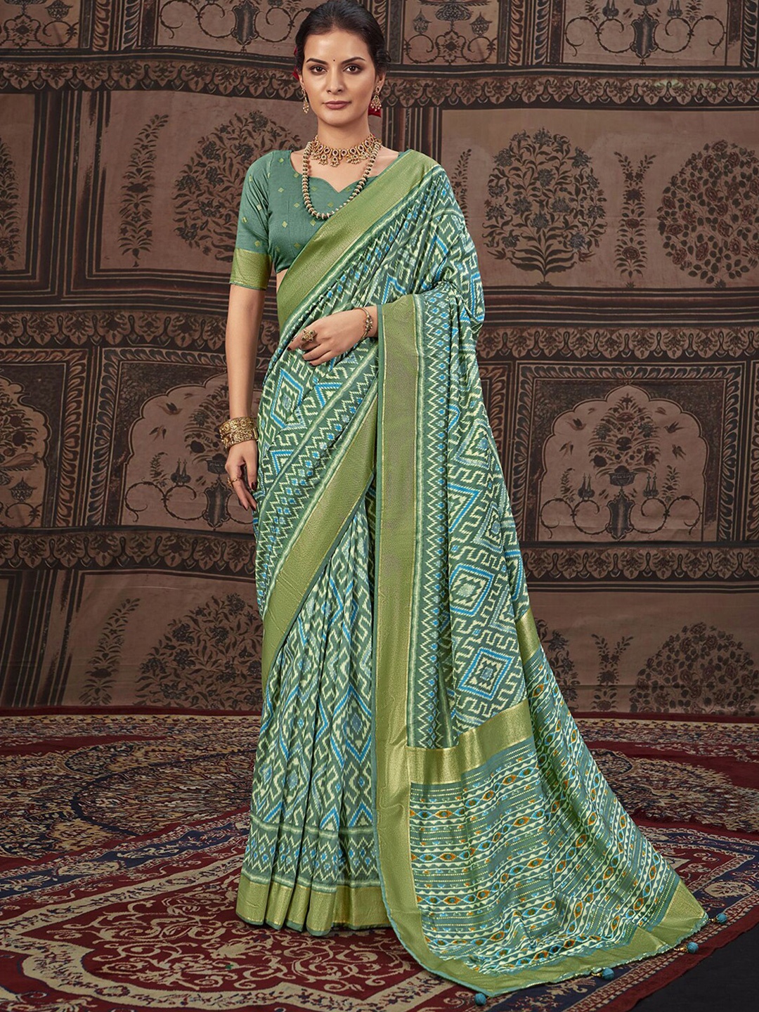 

Mitera Ethnic Motifs Zari Pure Silk Printed Pochampally Saree, Green