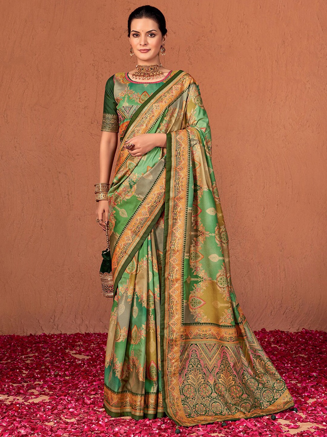 

Mitera Woven Design Ethnic Motifs Zari Pure Silk Banarasi Saree, Green
