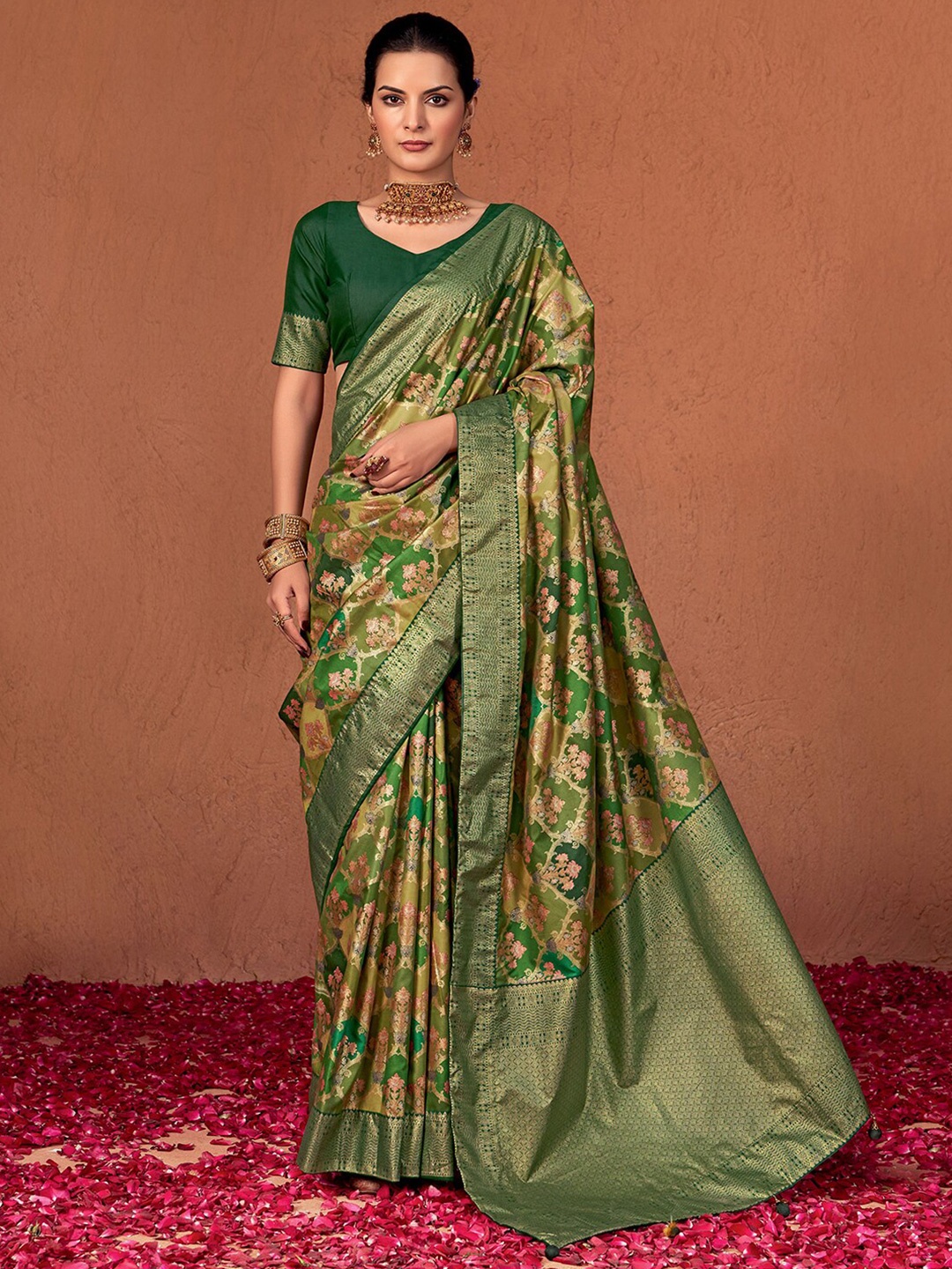 

Mitera Ethnic Woven Design Zari Pure Silk Jacquard Printed Banarasi Saree, Green