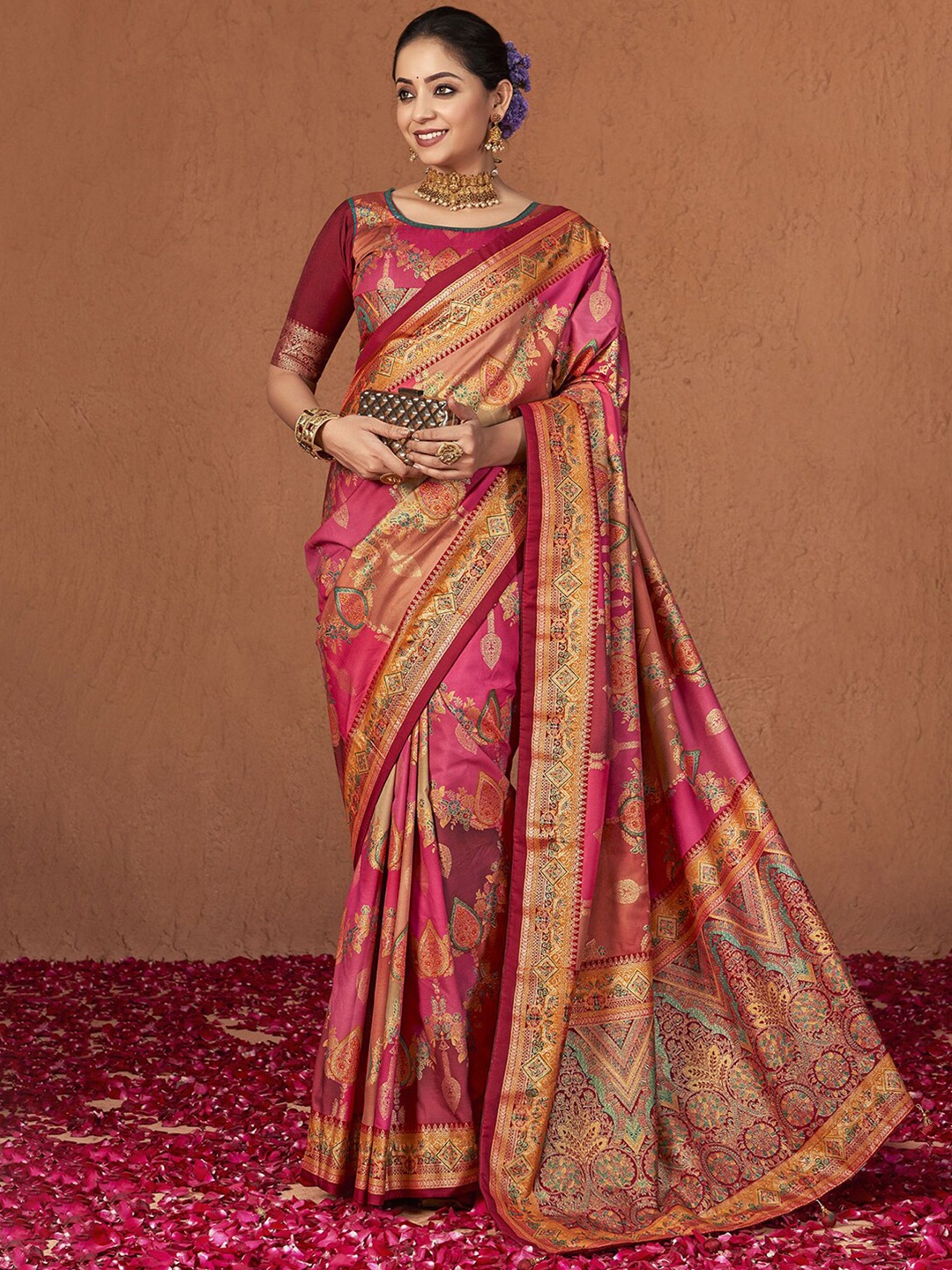 

Mitera Pink Ethnic Motifs Zari Pure Silk Banarasi Saree