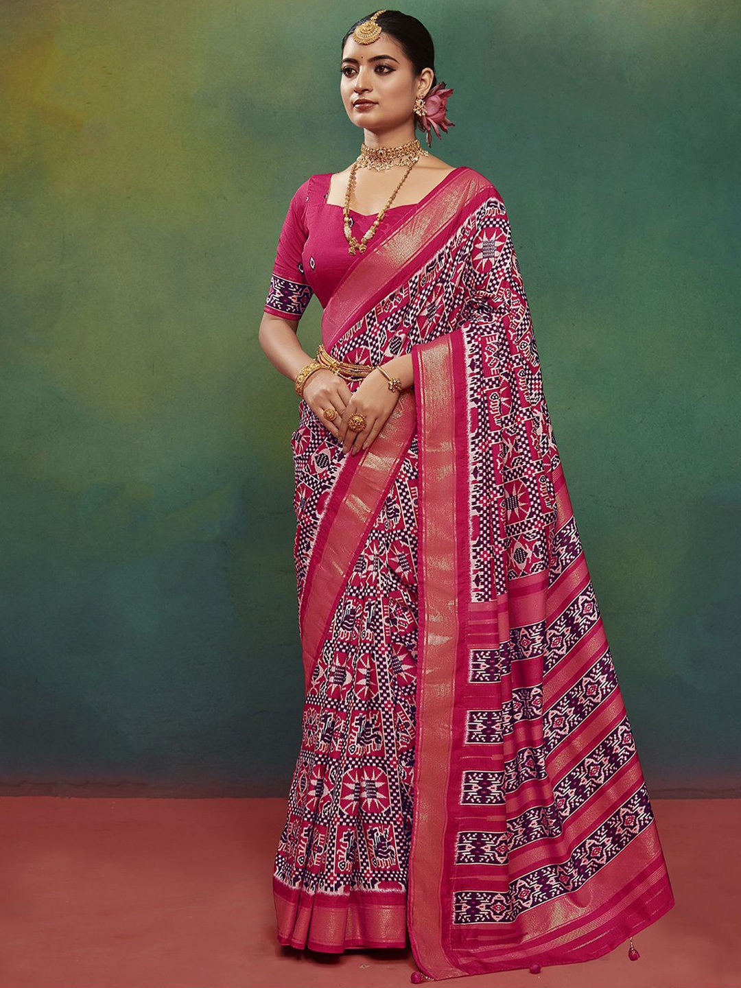 

Mitera Pink Ethnic Motifs Zari Pure Silk Sungudi Saree