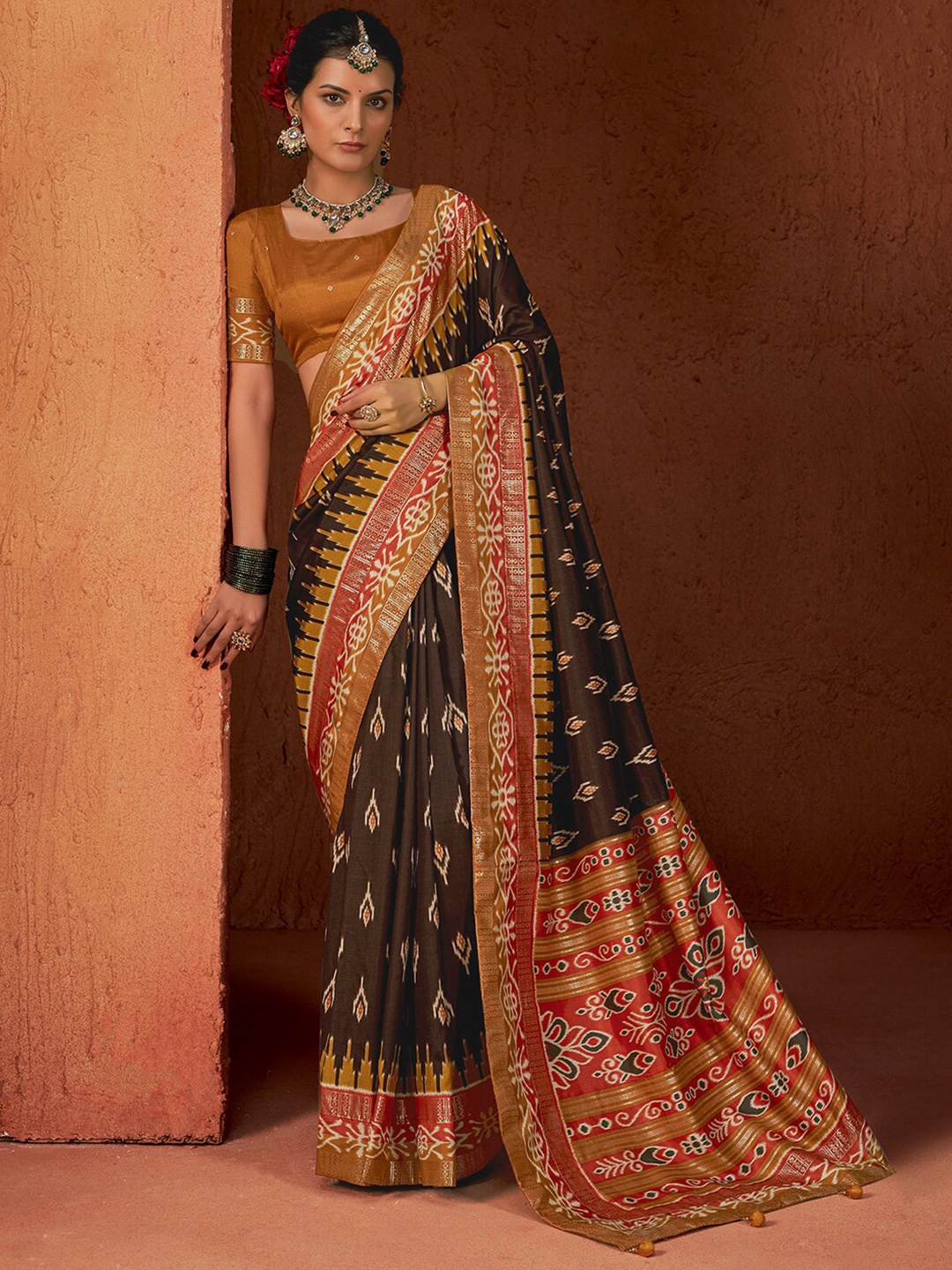 

Mitera Ethnic Motifs Zari Pure Silk Printed Pochampally Saree, Brown