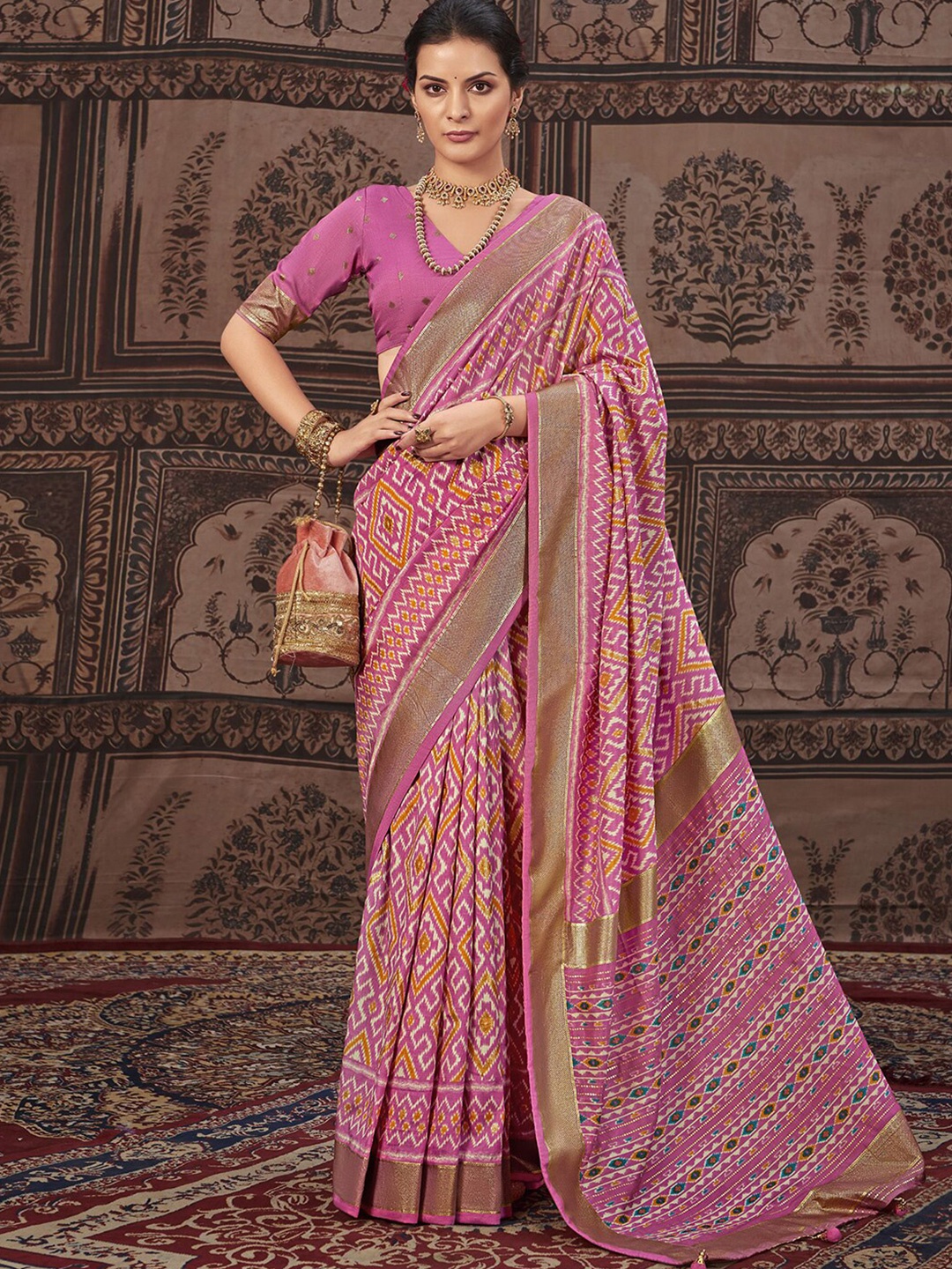 

Mitera Ethnic Motifs Printed Woven Design Zari Pure Silk Pochampally Saree, Pink