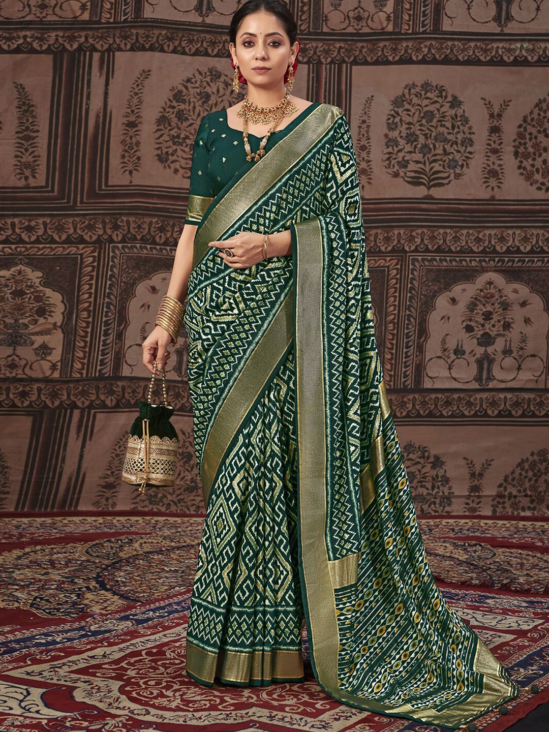 

Mitera Ethnic Motifs Zari Pure Silk Printed Pochampally Saree, Green