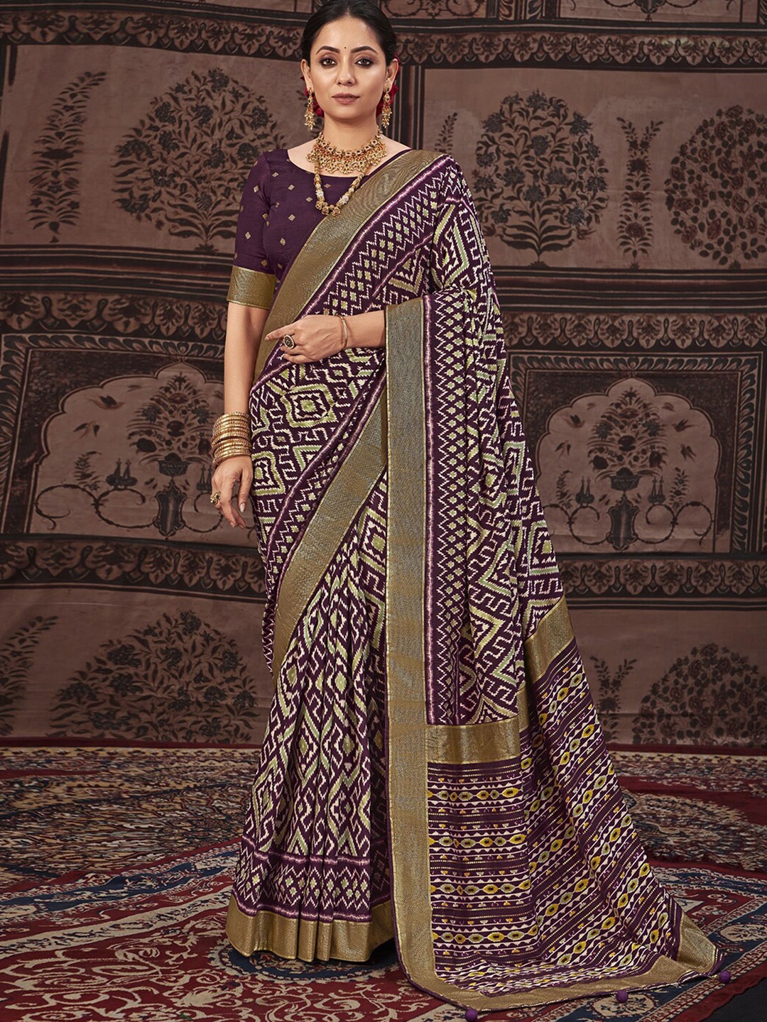 

Mitera Ethnic Motifs Printed Woven Design Zari Pure Silk Pochampally Saree, Purple