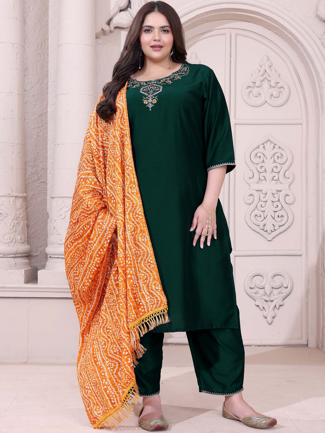 

Mclothings Ethnic Motifs Embroidered Thread Work Kurta With Trouser & Dupatta, Green