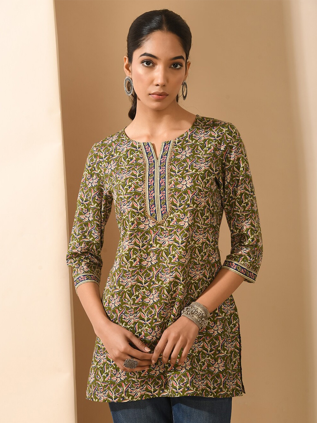 

KALINI Floral Printed Pure Cotton Tunic, Green
