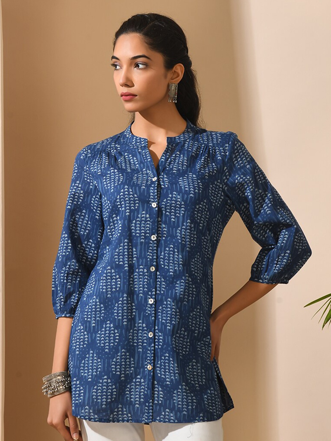 

KALINI Ethnic Motif Printed Mandarin Collar Pure Cotton Tunic, Navy blue