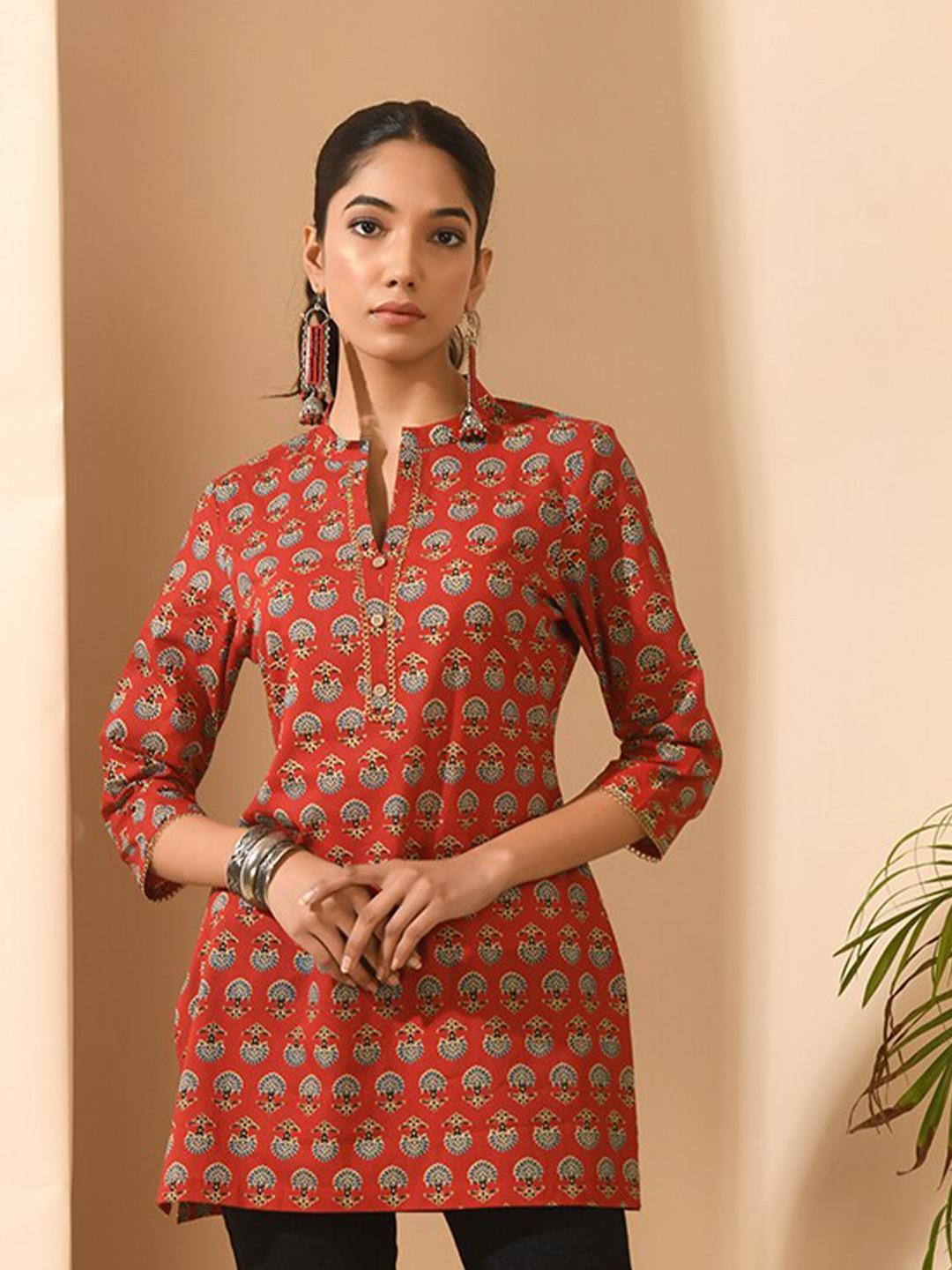 

KALINI Floral Printed Mandarin Collar Pure Cotton Tunic, Red