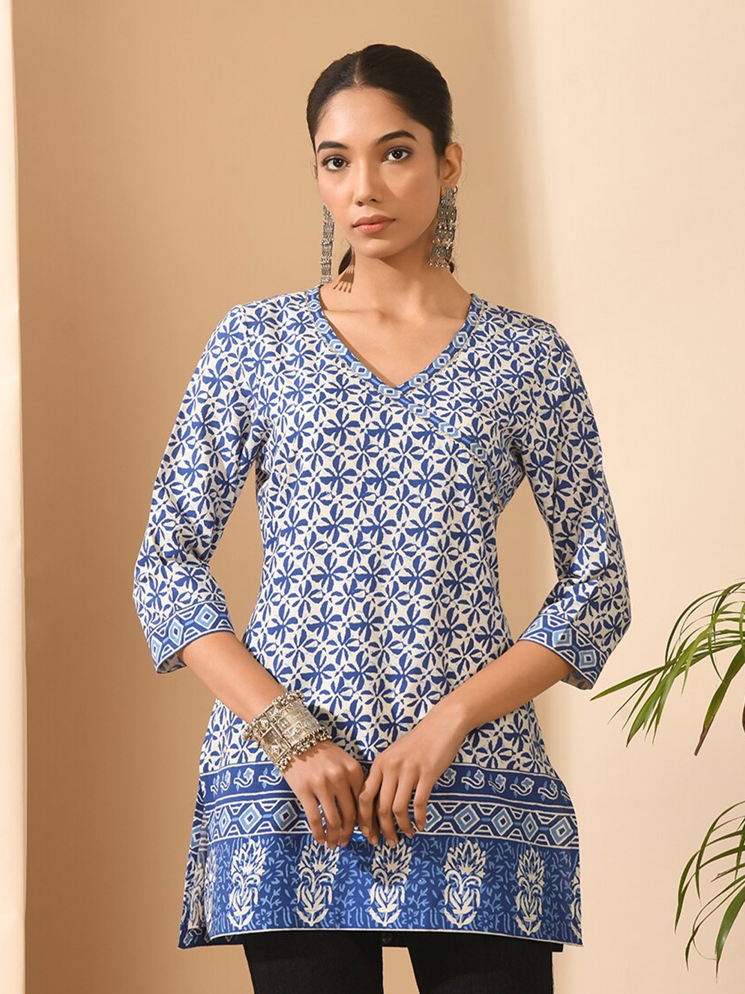 

KALINI Floral Printed Pure Cotton Tunic, Blue
